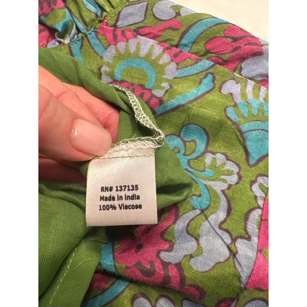 Bella Tu Women XL Green Pink Block Print Ruffle Dress Side Zip Pockets - Picture 13 of 14